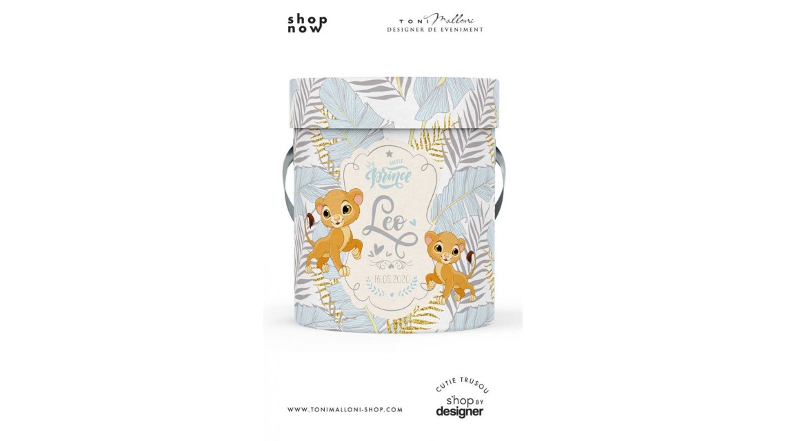 Cutie rotunda personalizata din mucava pentru trusou botez baieti Lion King 1